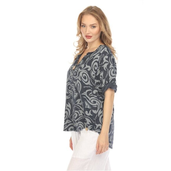Navy Spiral Print V-Neck Button Detail Top - Picture 9 of 9